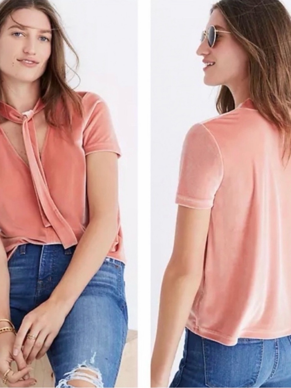 Madewell Velvet Tie-Neck Top in Burnt Coral color